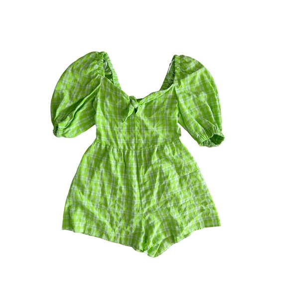 TOPSHOP Green White Gingham Plaid Puff Sleeve Romper Size US 4 - Picture 7 of 7